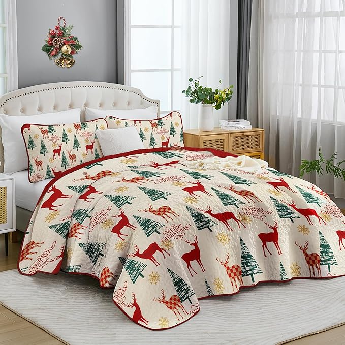 Dinjoy Red Beige Quilt Set King Size,Christmas Quilt Bedding Set Soft Bedspreads with 2 Pillowshams Lightweight Snowflake Xmas Gifts Wildlife Bed Coverlet for Kids Teens Adults 90" x 104"