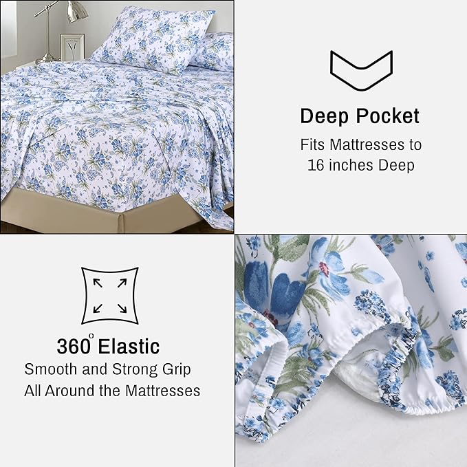 RUVANTI 100% Cotton King Size Sheets Set, 4 Pieces, Soft & Breathable Percale Weave Bedding, Deep Pocket 16", Hotel Standard, Crisp Cool Feel, Durable, Perfect Floral Bed Sheet, Paislyona