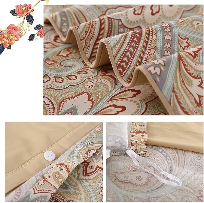 VM VOUGEMARKET Bohemian Damask Duvet Cover Queen,3 Pieces Boho Paisley Bedding Set,Silky Lightweight Egyptian Cotton Duvet Cover with Button Closure-Queen,Gold