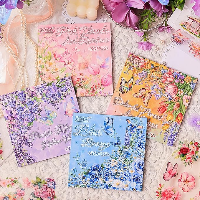 Floral Stickers Set,4 Colors 120 Pages Waterproof PET Flower Stickers for Scrapbooking, Journaling, Junk Journal Supplies, Bullet Journal Planner Decorations