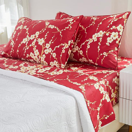 Brandream Sheets Set Twin Size Japanese Oriental Style Cherry Red Floral Blossom Branches Print Chinoiserie Bedsheets Pillowcases Set 100% Egyptian Cotton Sateen Botanical Tree Deep Pocket, 4 Pieces