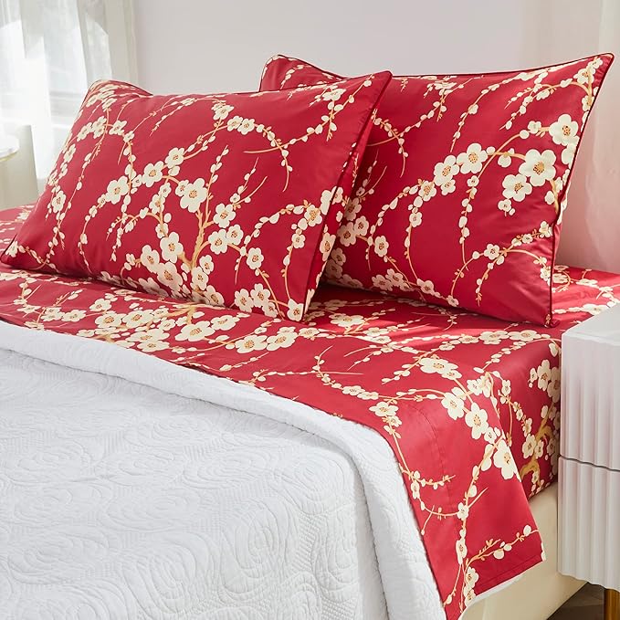 Brandream Floral Sheet Set King Size Japanese Oriental Style Cherry Red Blossom Flower Branches Print Chinoiserie Bedding Pillowcases Set 800TC Egyptian Cotton Sateen Botanical Tree Deep Pocket, 4 Pcs