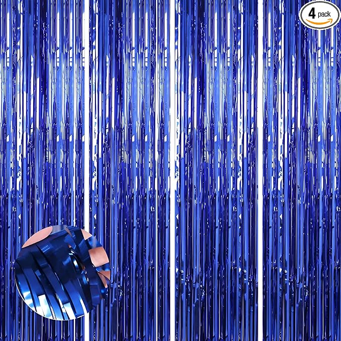 4 Pack 3.3 * 8.3 ft Foil Curtain Metallic Tinsel Fringe Curtains Photo Booth Props Backdrop for Birthday Wedding Engagement Baby Shower Christmas Holiday Celebration Party,Blue