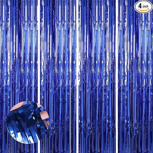 4 Pack 3.3 * 8.3 ft Foil Curtain Metallic Tinsel Fringe Curtains Photo Booth Props Backdrop for Birthday Wedding Engagement Baby Shower Christmas Holiday Celebration Party,Blue