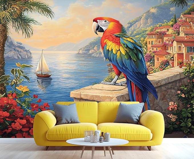 KIREUPA Macaw Parrot Wall Mural, Coastal Mediterranean Parrot 3d Wall Murals, Sunset Seaside Village Scene Wallpaper Mural, for Living Room Bedroom Large Wallpaper Indoor Decor 118" W x 82.6 "H