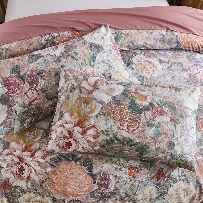 100% Cotton Duvet Cover King Size – Vintage Floral Duvet Cover Set with Zipper Closure & Corner Ties, 3-Piece Luxury & Silky Soft Bedding Set for All Seasons