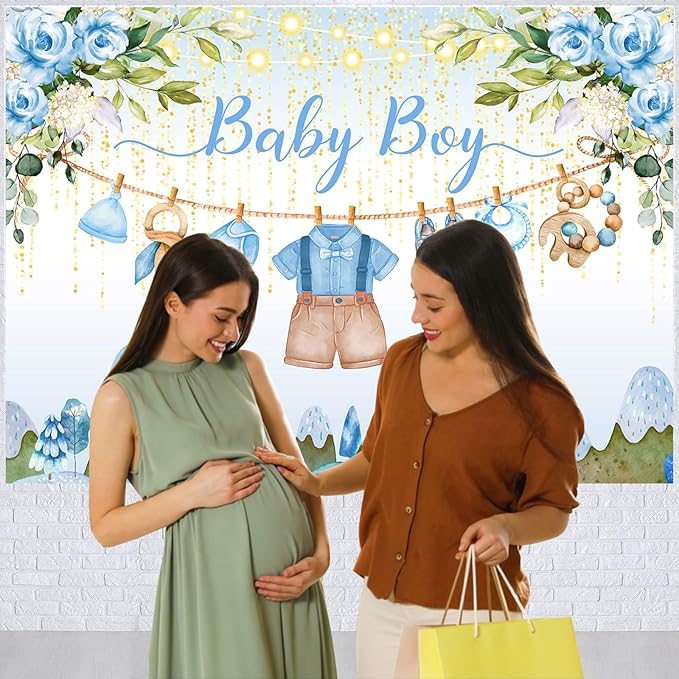 Blue Floral Baby Shower Backdrop Banner Decorations for Boy,Oh Baby Boy Outfit Backdrops Banner Watercolor Flower Photography Background for Baby Shower Party Supplies Photo Booth Props 5x3ft
