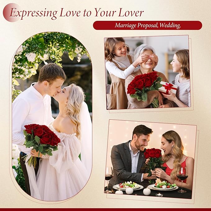 Hotop 40 Pcs Rose Artificial Flowers Bulk with Long Stem,Realistic Silk Fake Roses Bouquet for Home Wedding Centerpieces Party Table Decoration Valentines Gifts(Wine Red)
