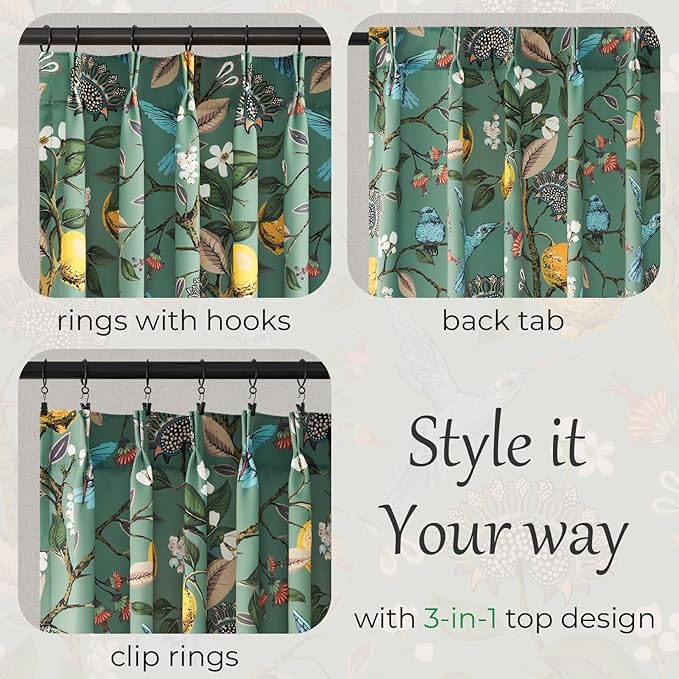 Sage Green Boho Floral Pinch Pleated Curtains 72 Inches Long for Living Room Bedroom Luxury Whimsical Lemon Hummingbird Patterned Waverly Mid Century Colorful Pinch Pleated Blackout Drapes 2 Panels