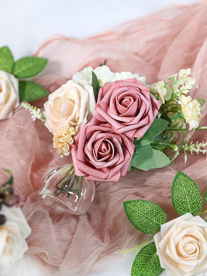 Meldel Artificial Flower Rose 50pcs Real Looking Champagne Fake Foam Roses with Stems for DIY Wedding Bouquets Gifts Bridal Shower Faux Floral Centerpieces Arrangements Home Party Tables Decorations
