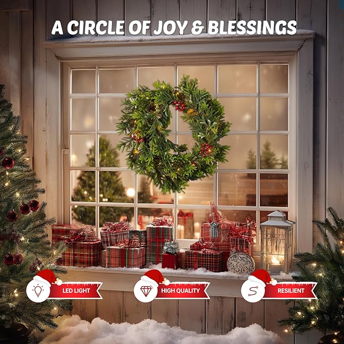 2Pack 6FT Christmas Garland – Artificial Norfolk Pine Olive Garland with Red Berries, Pinecones & 20 Warm LED Timer Lights – Holiday Garland for Home, Wedding, Party Decorations