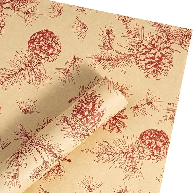 LeZakaa 20 Sheets Kraft Christmas Flower Wrapping Paper, Red Pinecone and Branches on Kraft Floral Bouquet Paper Gift Wrap for Christmas Party Packaging, Winter Woodland-themed Holiday decor
