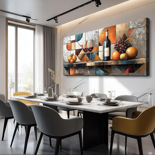 hyidecorart Wine Glass Fruit Painting Still Life Large Canvas Wall Art For Kitchen Wall Decor For Living Room Dining Room Decorations Geometry Abstract Picture Artwork Bar Posters Home Decor 24"x48"