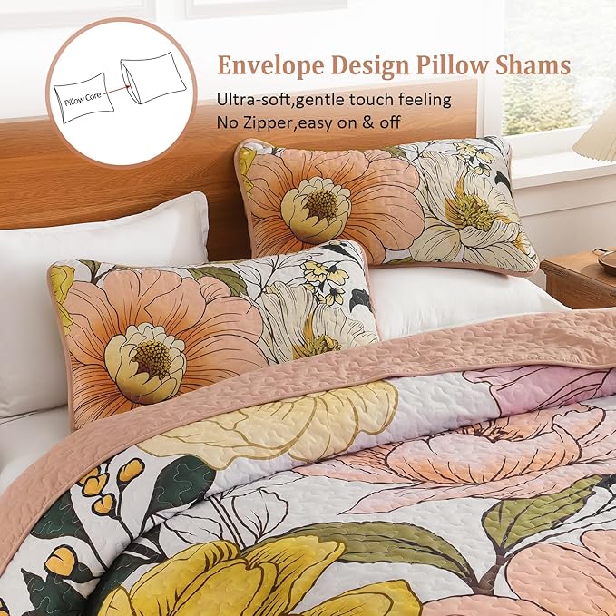 Dintszyayue Pink Quilt Set King, 3 Pieces Floral Bedspreads Lightweight Coverlet Set for All Seasons, Reversible Quilted Printed Bedding Set with 2 Pillow Shams