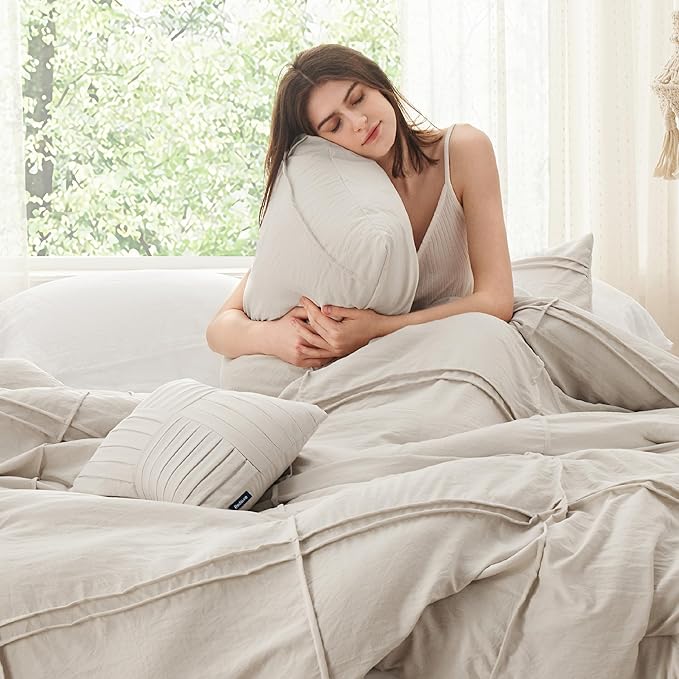 Bedsure Grid Boho Duvet Cover King Size - Shabby Chic Tufted Boho Bedding Set, 3 Pieces Shabby Chic Home Bedding for All Seasons, Includes 1 King Duvet Cover & 2 Pillowcases (Light Beige, 104" x 90")