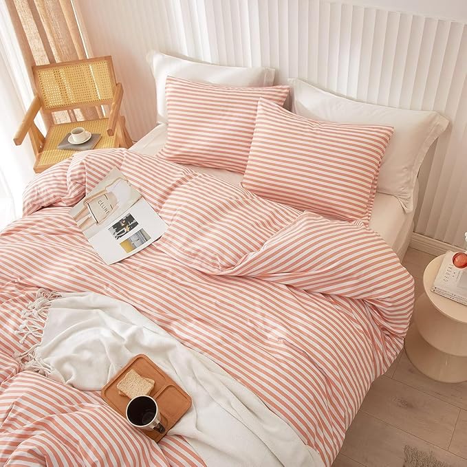 Striped Comforter Set Queen Size Fluffy Soft Striped Bedding Comforter Pink White Stripes Pattern Queen Comforter for All Season Lightweight Bedding Comforter 3 Pieces Boho Stripe Comforter Set