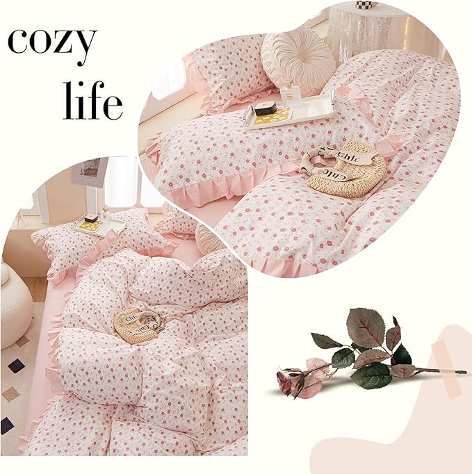 Floral Ruffe Duvet Cover King Garden Flower Print Lace Duvet Cover 100% Cotton Girls Floral Comforter Cover Reversible Pink Striped Ruffle Comforter Cover Romantic Lace Princess Bedding Set King