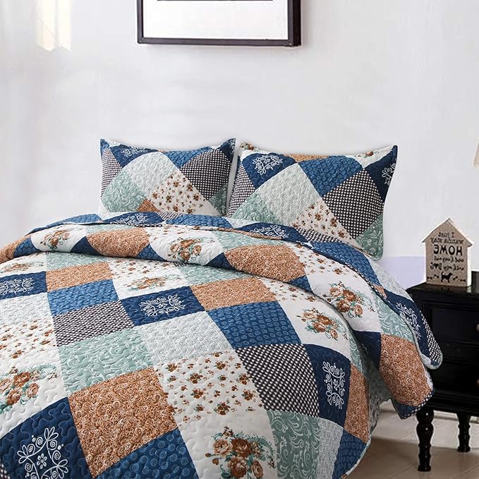 Dinjoy Reversible Patchwork Quilt Bedding Set Queen Size Blue Green Grey Plaid Floral Pattern Bedspread Set Soft Microfiber Coverlets Bed Set 3 Pieces Fall Autumn All Season Use