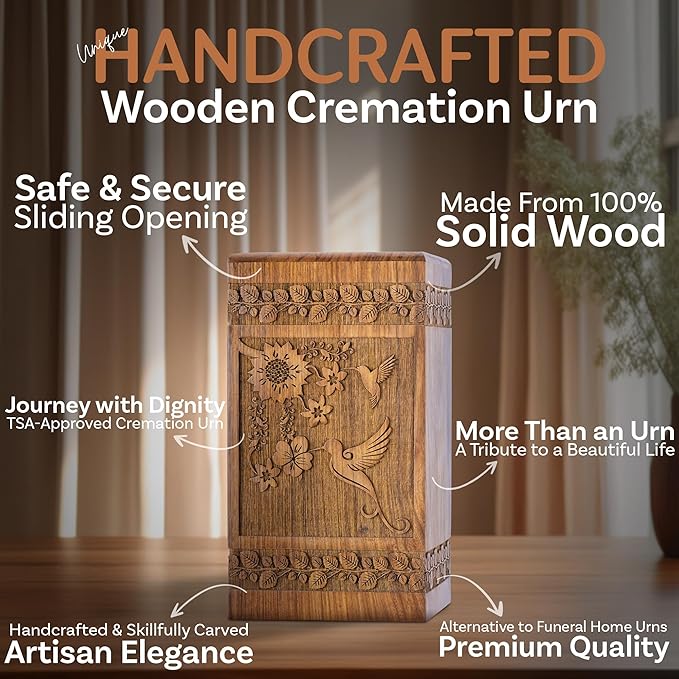 INTAJ Handcarved Rosewood Hummingbird Urn for Human Ashes Adult Male Female - Floral Carving 250 lbs Capacity - Wooden Cremation Urn Box Suitable for Burial Funeral Decorative Memorial Casket
