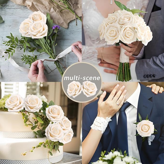 Artificial Flowers 50PCS Champagne Roses Real Looking Foam Fake Roses with Leaves and for DIY Wedding Bouquets Bridal Shower Centerpieces Party Decorations (Champagne)