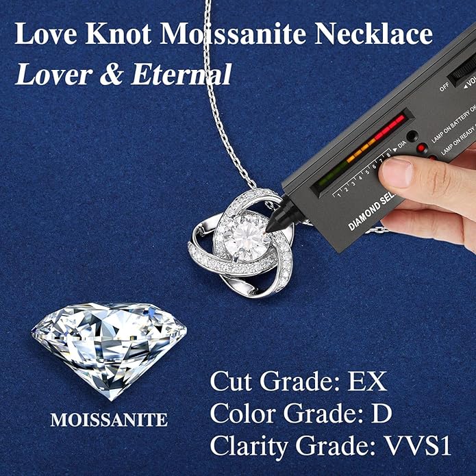 MOOSEA Love Knot Moissanite Necklace for Women, 1-3 ct D Color VVS1 Clarity 925 Sterling Silver Moissanite Pendant Necklace Anniversary Birthday Christmas Gifts for Women Wife Mom Girlfriend