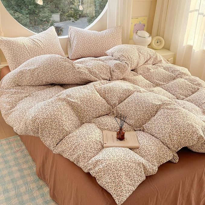EAVD Chic Garden Small Floral Duvet Cover Queen Soft 100% Muslin Cotton Feel Gauze Vintage Floral Bedding Set with 2 Pillowcases Cottagecore Botanical Print Duvet Cover with Zipper Closure