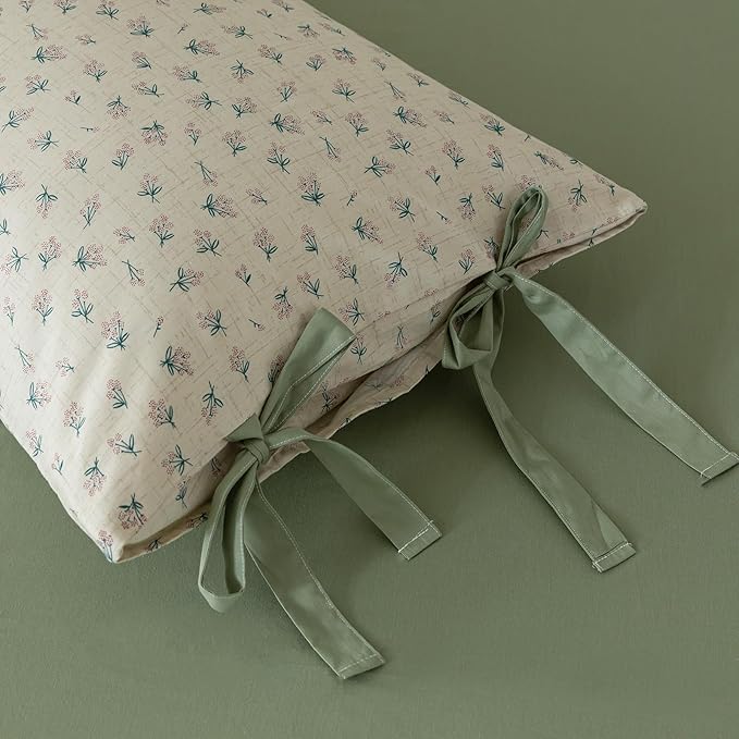 VM VOUGEMARKET Green Purple Flower Duvet Cover Set King 100% Cotton 3 Pcs Girls Blossom Comforter Cover with Zipper Closure Cottagecore Style Duvet Cover + 2 Pillowcases with Bowknot-104x90 Inch