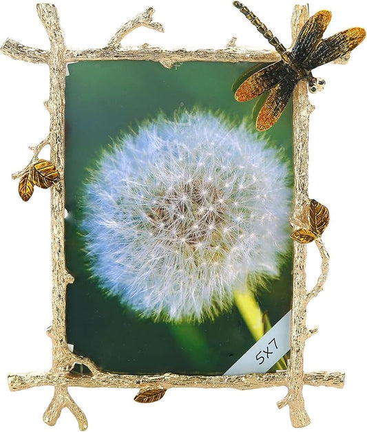 5x7 Picture Frame Dragonfly Ornament Gifts for Women Men Vintage Decor Ornate Antique Photo Frame with Glass Front Metal Brass Art Table Top Decor for Birthday