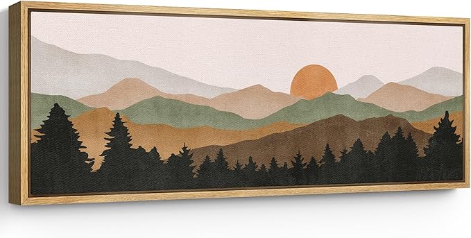 SIGNFORD Large Framed Canvas Print Wall Art Abstract Mountain Contours Sunset Landscape Illustrations Modern Art Relax/Calm Warm for Living Room, Bedroom, Office - 60"x20"