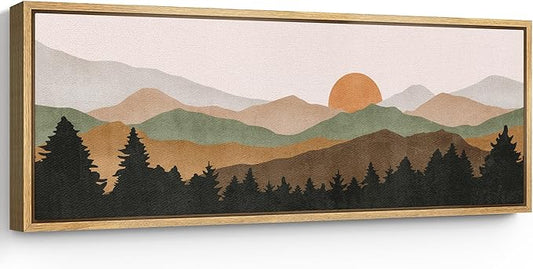 SIGNFORD Large Framed Canvas Print Wall Art Abstract Mountain Contours Sunset Landscape Illustrations Modern Art Relax/Calm Warm for Living Room, Bedroom, Office - 60"x20"