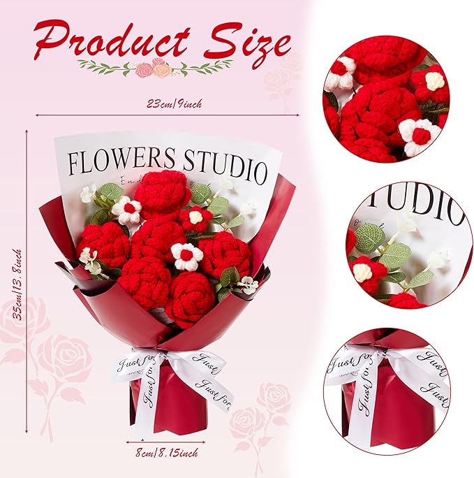 Red Crochet Flowers Bouquet Red Knitted Flower Rose Crochet Bouquet Handmade for Wedding, Anniversary, Christmas, Graduation Crochet Gifts for Women (Includes Card)