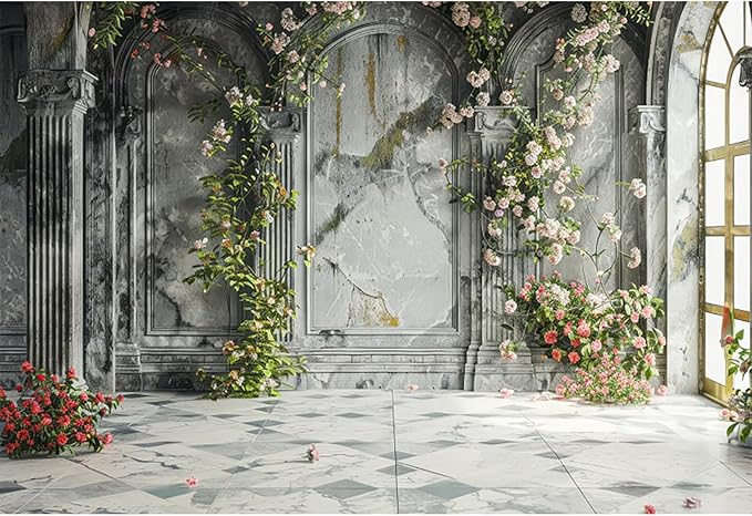 Baocicco 15x10ft Place Flower Wall Photography Background Victoria Arch European Castle Wall Pink Red Rose Backdrop for Women Girls Themed Party Decorations Wedding Baby Shower Cake Table Photoshoot