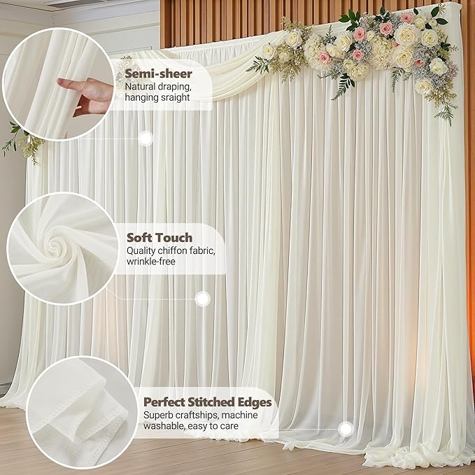 10ft x 10ft Beige Backdrop Curtains, Wrinkle-Free Sheer Chiffon Fabric Photo Backdrop Drapes for Wedding Arch Party Ceremony Stage Photography Decorations