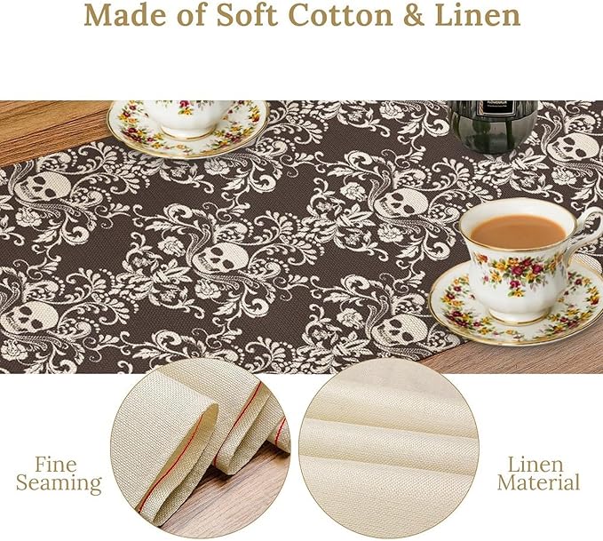 Vintage Gothic Table Runner, Retro Baroque Luxury Dark Skull Day of Death Witchy Coffee Table Center Decor for Home Kitchen Dining Patio Holiday Party Table Decorations 13x90 inches