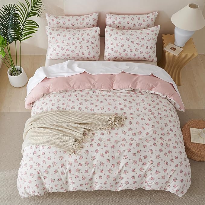 Flower King Comforter Set Soft 3 Pieces Chic Crinkle Gauze Fabric Garden Style Floral Print Botanical Comforter for All Seasons Luxury Warmth Comfy Breathable with 2 Pillowcases