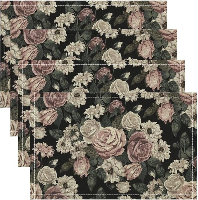 Floral Placemats Set of 4, 17x12 Inch Vintage White Pink Rose Flower Spring Plant Boho Art Print Table Mats for Home Party Kitchen Dining Decor