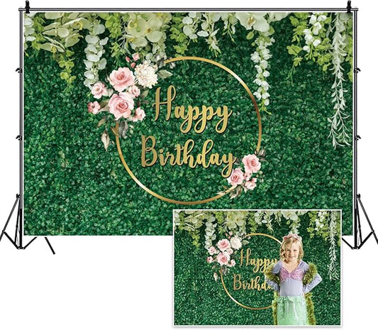 6x4ft Happy Birthday Backdrop Green Grass Flowers Wall Greenery Green Leaves Nature Botanical Photography Background Birthday Party Anniversary Portrait Studio Photo Props Polyester