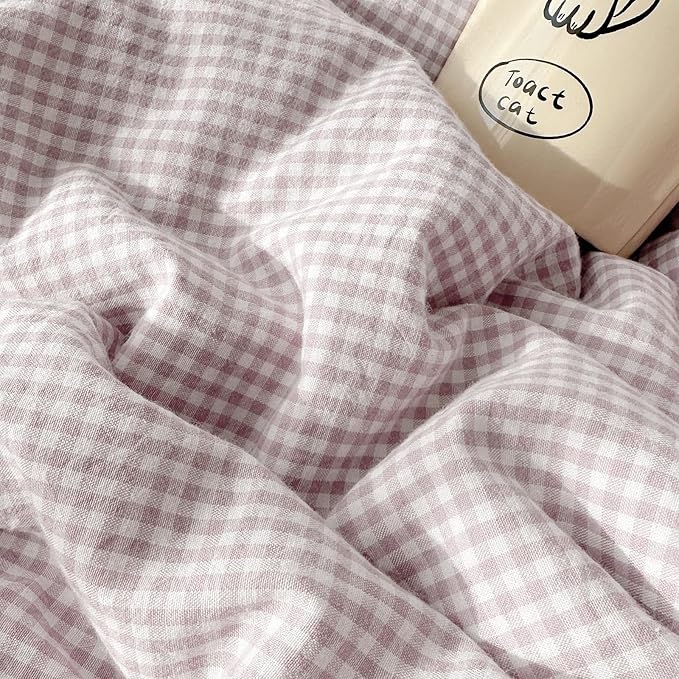 LifeTB Purple Gingham Duvet Cover Twin XL Cozy Washed Microfiber Purple Checkered Plaid Duvet Cover with 2 Pillowcases Romantic White Lace Comforter Cover 3 Pieces Gingham Grid Bedding Set