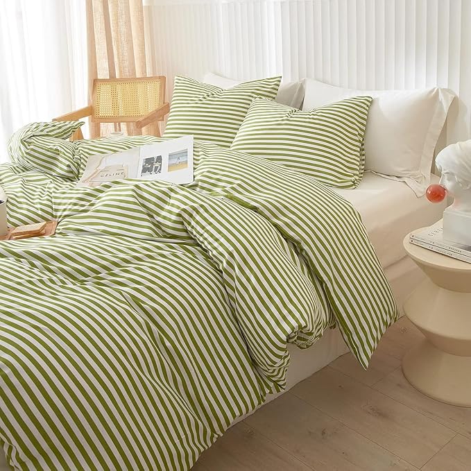 Full Comforter Set 3 Pieces Striped Comforter Set Green White Stripes Pattern Comforter with 2 Pillowcases Modern Style Lightweight Boho Bedding Comforter Geometric Striped Fluffy Comforter Set