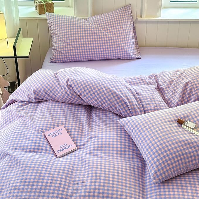 LifeTB Purple Gingham Comforter Set Full Modern Style Purple Pink Grid Plaid Comforter Soft Fluffy 3 Pieces Checkered Pattern Comforter Set Farmhouse Gingham Bedding Comforter with 2 Pillowcases