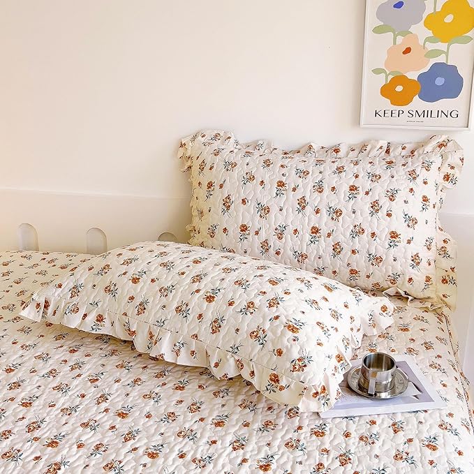 EAVD Cute Romantic Floral Duvet Cover King Soft Cotton Garden Small Floral Ruffled Bedding Set with 2 Pillowcases Fresh Chic Botaical Pattern Duvet Cover with Zipper Closure