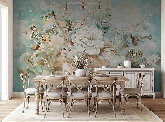 Vintage Floral Wall Mural – Large White Peony Bloom on Blue Background, Removable Peel and Stick Wallpaper for Dining Room, Living Room, or Bedroom Decor