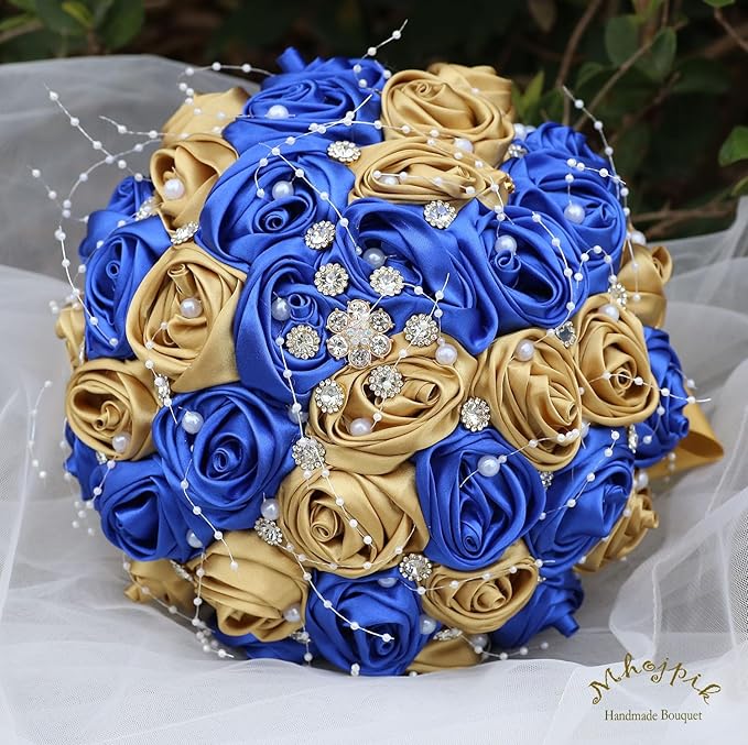 Bridal Wedding Bouquet Round Bling Brooch Bouquet Throw Toss Artificial Rose Flower Bunch for Bride Bridesmaid Wedding Quinceanera(Royal Blue & Gold, 7.5")