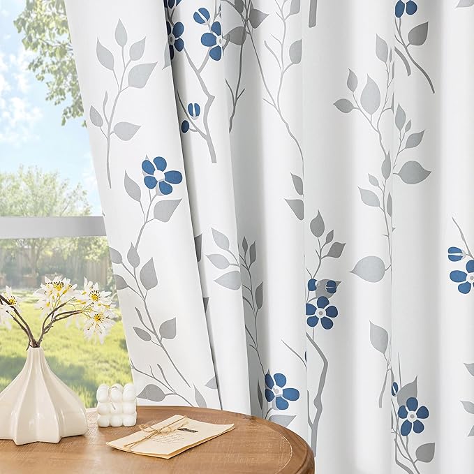 Beauoop Floral 100% Blackout Curtains 84 Inches Long 2 Panels for Bedroom Living Room Blue Grey and White Flower Patterned Room Darkening Thermal Soundproof Grommet Window Treatments Drapes, 52X84