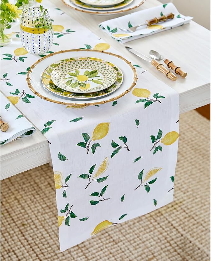 Solino Home Lemon Print Table Runner 36 inch - 100% Pure Linen Table Runner 14 x 36 Inch - Machine Washable - Botanical Lemon/White Print