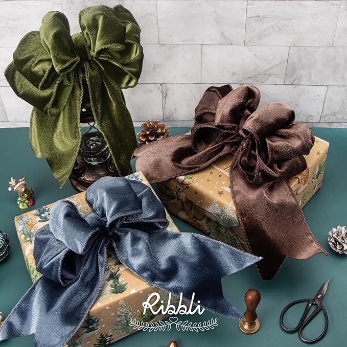 Ribbli Dark Brown Velvet Wired Ribbon 4 Inch Velvet with Satin Christmas Ribbon for Gift Wrapping Christmas Tree Decoration Crafts Wreaths Supplies-Continuous 10 Yards