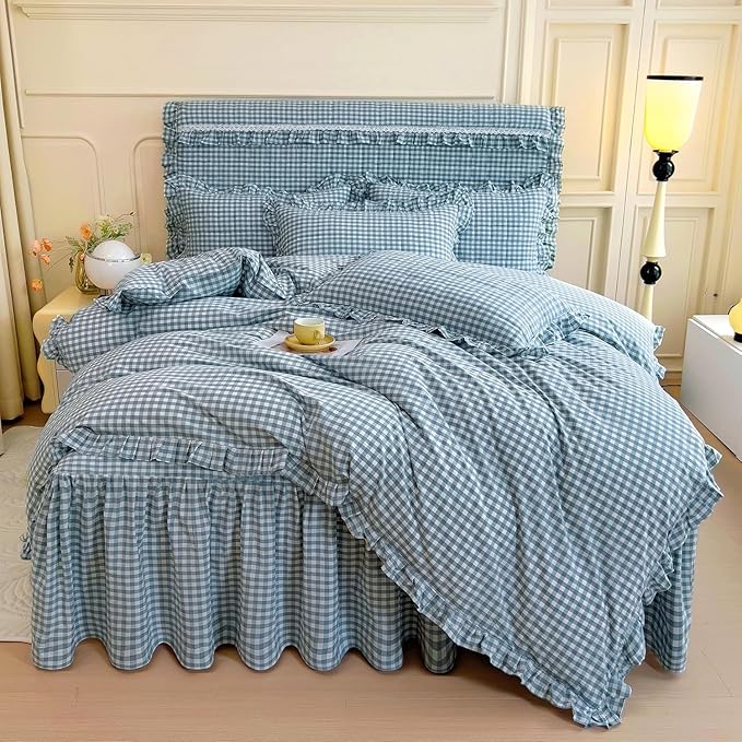 LifeTB Blue Gingham Comforter Set King 3 Pieces Ruffle Plaid Checkered Pattern Comforter Chic Gingham Bedding Set Fluffy Soft Grid Plaid Bedding Comforter Farmhouse Checkered Comforter Set King