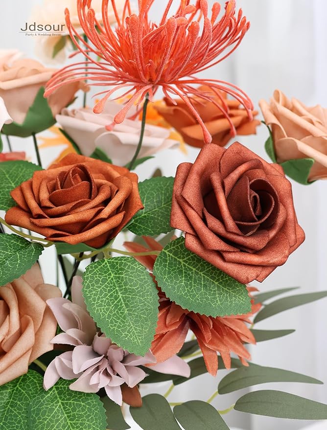25pcs Artificial Flower，Real Looking Foam Roses w/Stem for DIY Wedding Bouquets Centerpieces Bridal Shower Party Decor-Shades of Burnt Orange