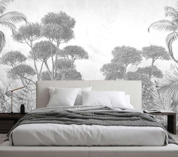 Gray Forest Wallpaper Tropical Trees and Leaves Wall Mural for Bedroom Living Room Sofa Background