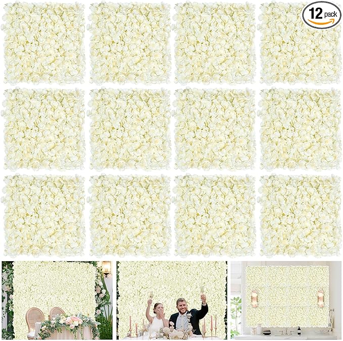 Ivory Backdrop Flowers Wall Panels: 12 Pcs 15 x 15 Inch Floral Backdrop Artificial Flower Wall Decor for Baby Shower Wedding Photo Background Decoration (3.75ft by 5ft)